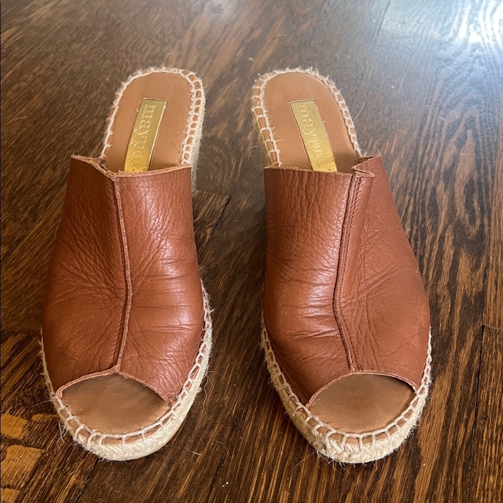 Brown Leather Open-Toe Espadrille Slides